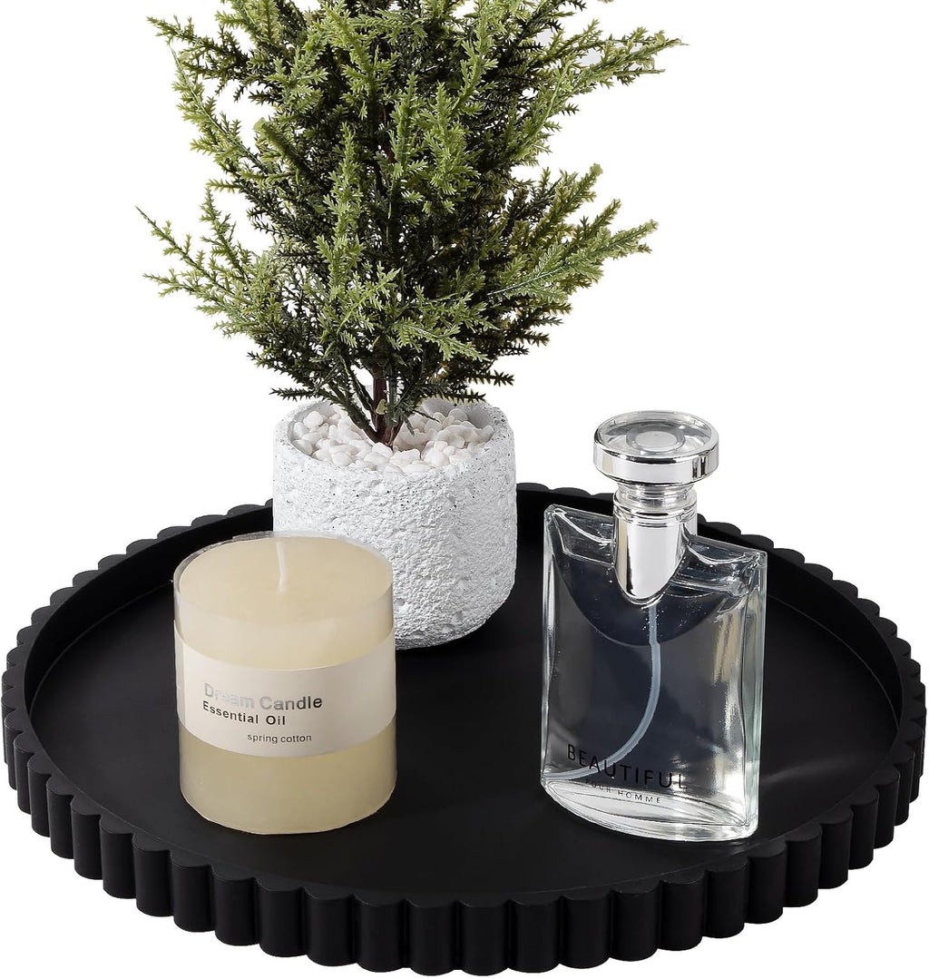 Round Bathroom Tray Silicone Kitchen Counter Decor Vanity Organizer Decorative Coffee Table Tray for Perfume, Candle, Soap Dish, 9 Inch, Black