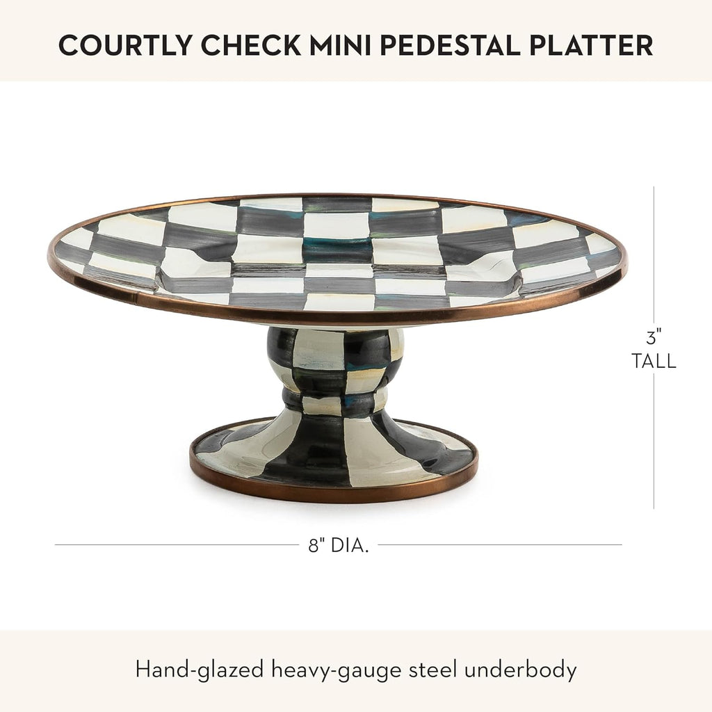 Enamel Pedestal Serving Platter, Decorative Serving Dish for Food, Mini, Black-and-White Courtly Check