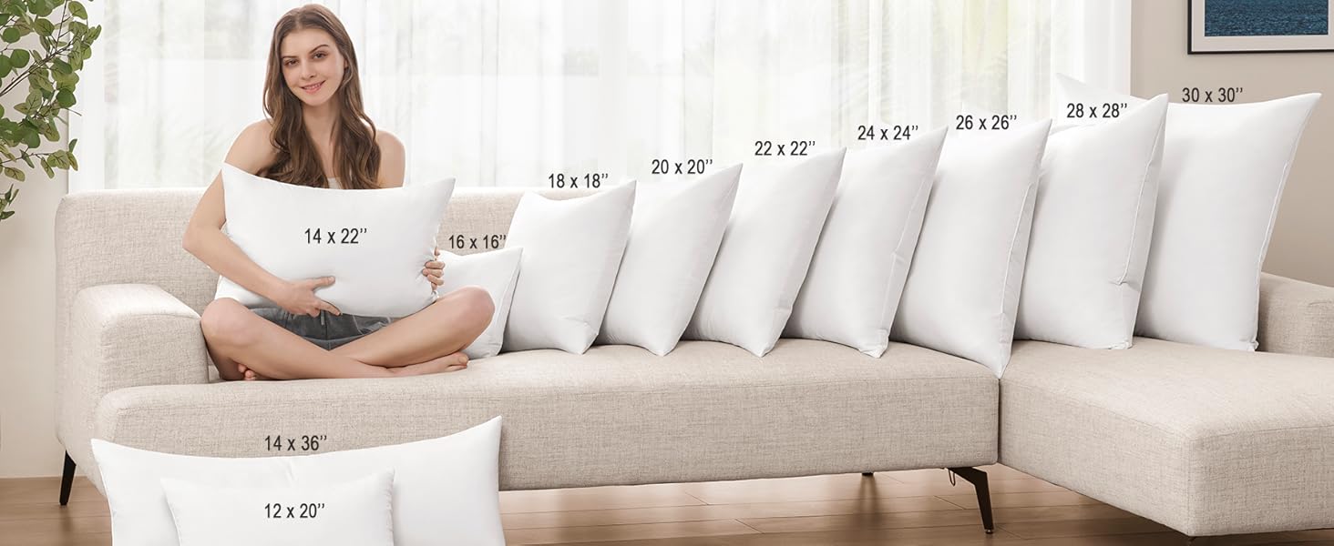 puredown® Feather Down Throw Pillow Inserts 22 x 22 (Pack of 2, White), Big Throw Pillows for Floor, Couch, Bed, Machine Washable