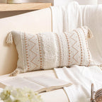 BlissBlush 14x36 Lumbar Pillow Cover for Bed, Rectangular Long Decorative Throw Pillowcase, Boho Accent Cushion with Tufted Pattern and Tassels, Cream Beige Neutral (Cover Only)