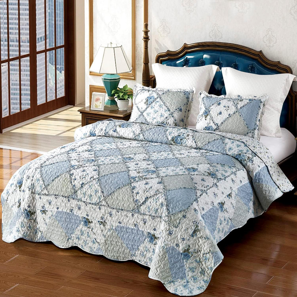 Blue Floral Patchwork Quilt Set, Full Queen Size, 3 Piece Bedding Set with 2 Pillowcases | Blue Patchwork Quilt, Queen Size Bedspread, Reversible Quilt Set, Floral Quilt Set, Patchwork Quilt Set, Queen Comforter Set