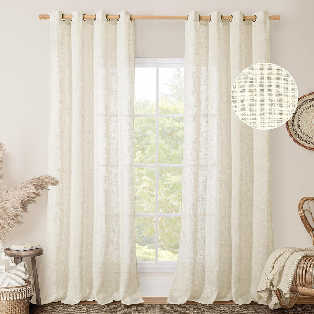 Natural Ivory Linen Semi Sheer Curtains 84 inch Length, Cream Light Filtering Soft Thick Neutral Living Room Drapes with Bronze Grommet for Bedroom/Farmhouse, 2 Panels, 52 x 84 Inch