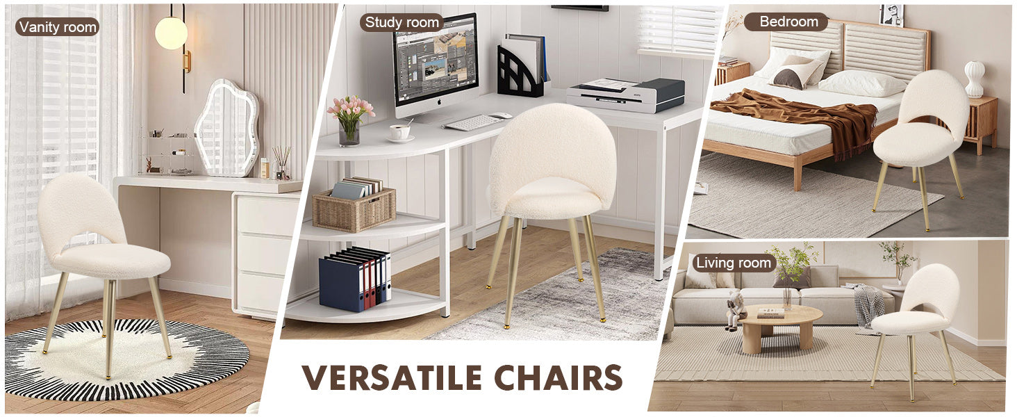 Vanity Chair with Adjustable Backrest, Boucle Upholstery Armless Makeup Stool, Cream White Sherpa Vanity Stool with Gold Metal Legs for Bedroom Living Room Kitchen Dinning Room (Gold and White)