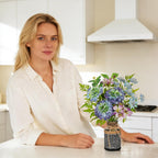 Fake Flowers in Vase Blue Faux Flowers Bush Bouquet Plant Flower Arrangements with Woven Glass Vase Artificial Flower Floral Bulk Bouquet Home Decor Bathroom Table Centerpiece Decorations