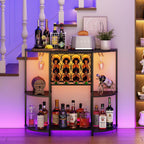 JKsmart Wine Bar Cabinet with LED Lights, Mini Wine Bar Cart with Storage and Glass Holder, Home Bar Coffee Bar for Liquor, 3-Tier Bar Table for Kitchen, Dining Room, Living Room, Black
