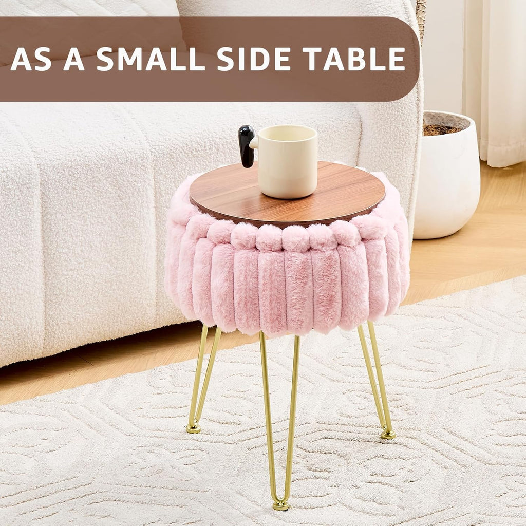 Vanity Stool with Storage, Faux Fur Ottoman Chair with Metal Legs, Round Makeup Vanity Chair for Bedroom or Dressing Table, Modern Small Ottoman Seat (Pink)