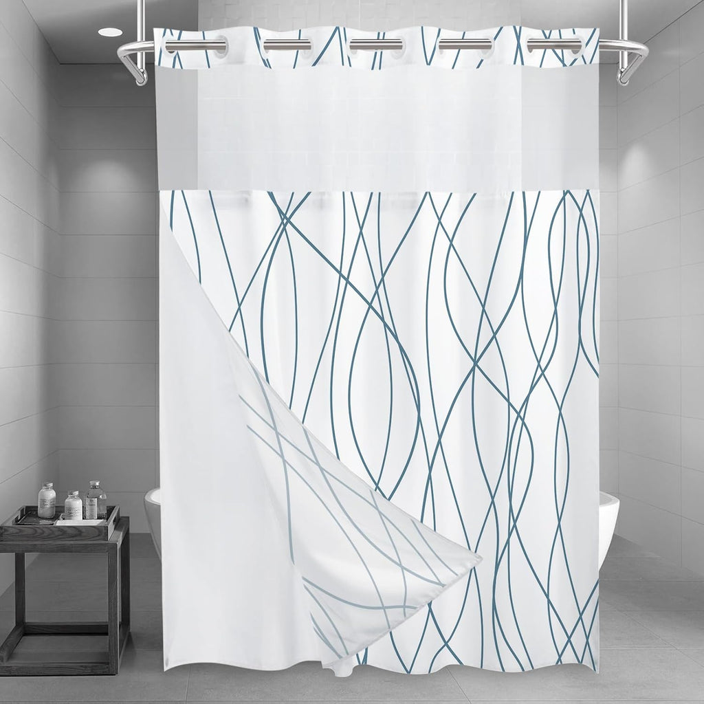 No Hook Grey White Striped Shower Curtain with Snap in Fabric Liner Set - Hotel Liner Set with See Through Mesh Top Window,Machine Washable, 71x74 INCH