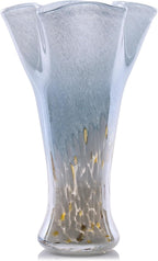 9.0" H Teal Glass Vases for Flowers, Unique Hand Blown Glass Vase Green Home Decor, Wide Mouth Colorful Flower Vase Centerpieces, for Living Room Table Bookshelf, Bathroom Office Shelf Decorative