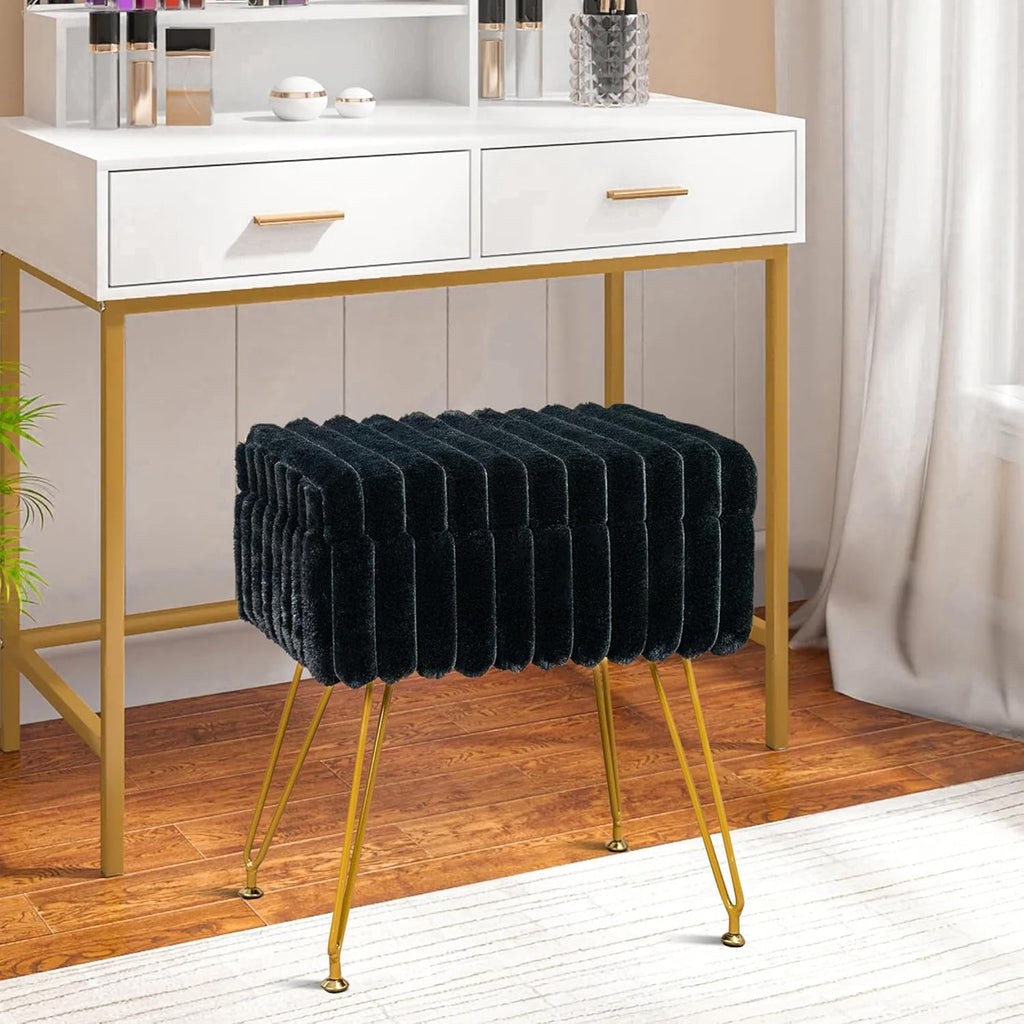 Faux Fur White Vanity Stool Chair with Storage Ottoman, Vanity Chair for Makeup Room, Vanity Stools for Bedroom, Footrest with Metal Legs and as a Coffee Table, White